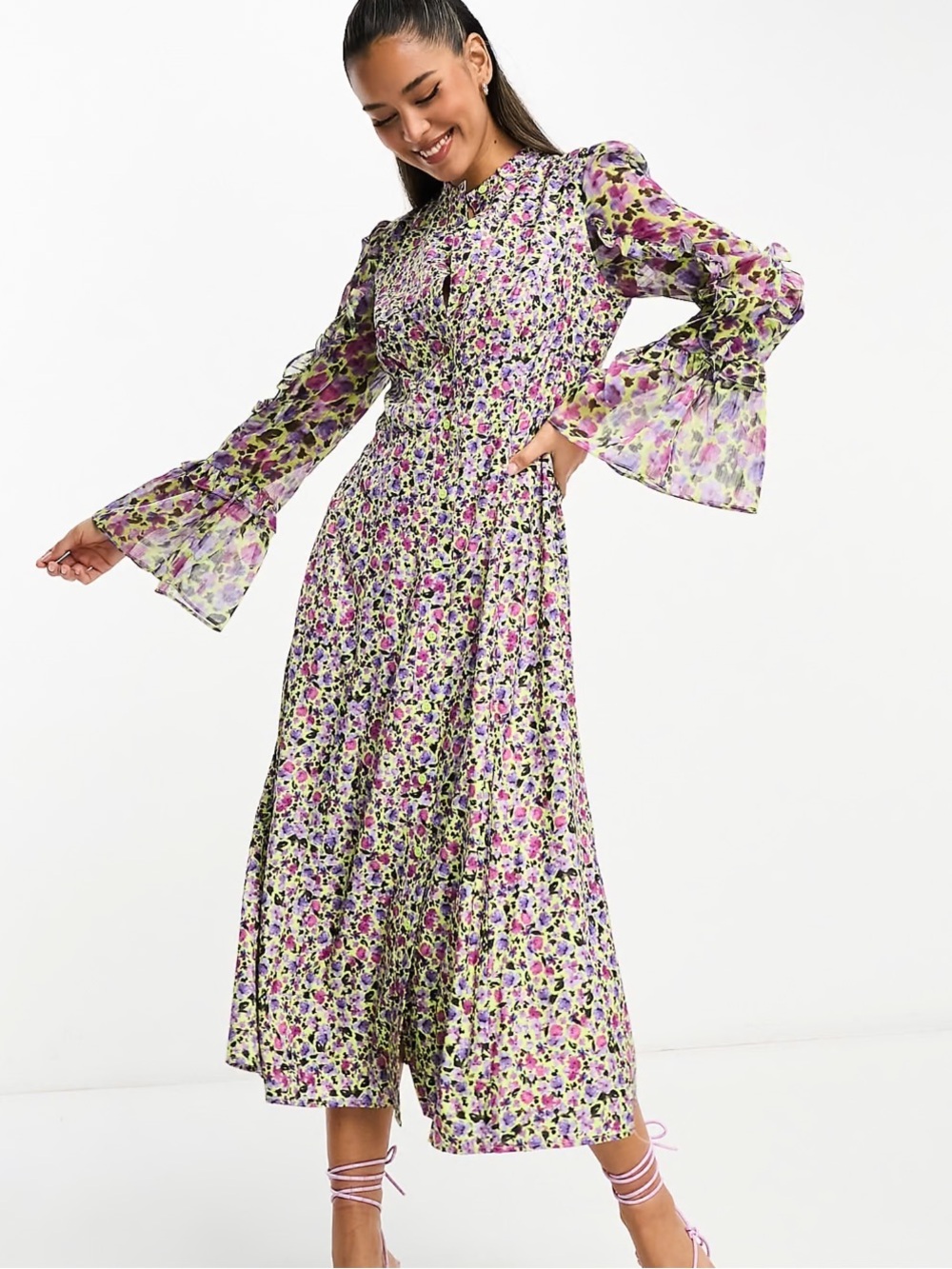 French Connection bright green midi dress with floral print and ruffle